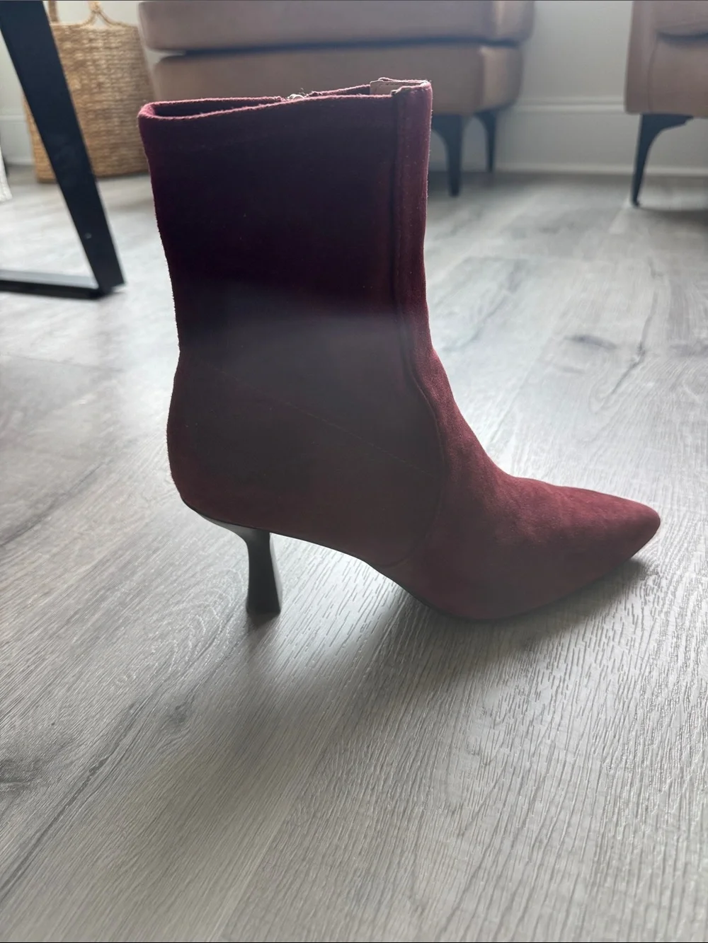 Madewell Pointed-Toe Burgundy Suede Ankle Booties with Side Zip